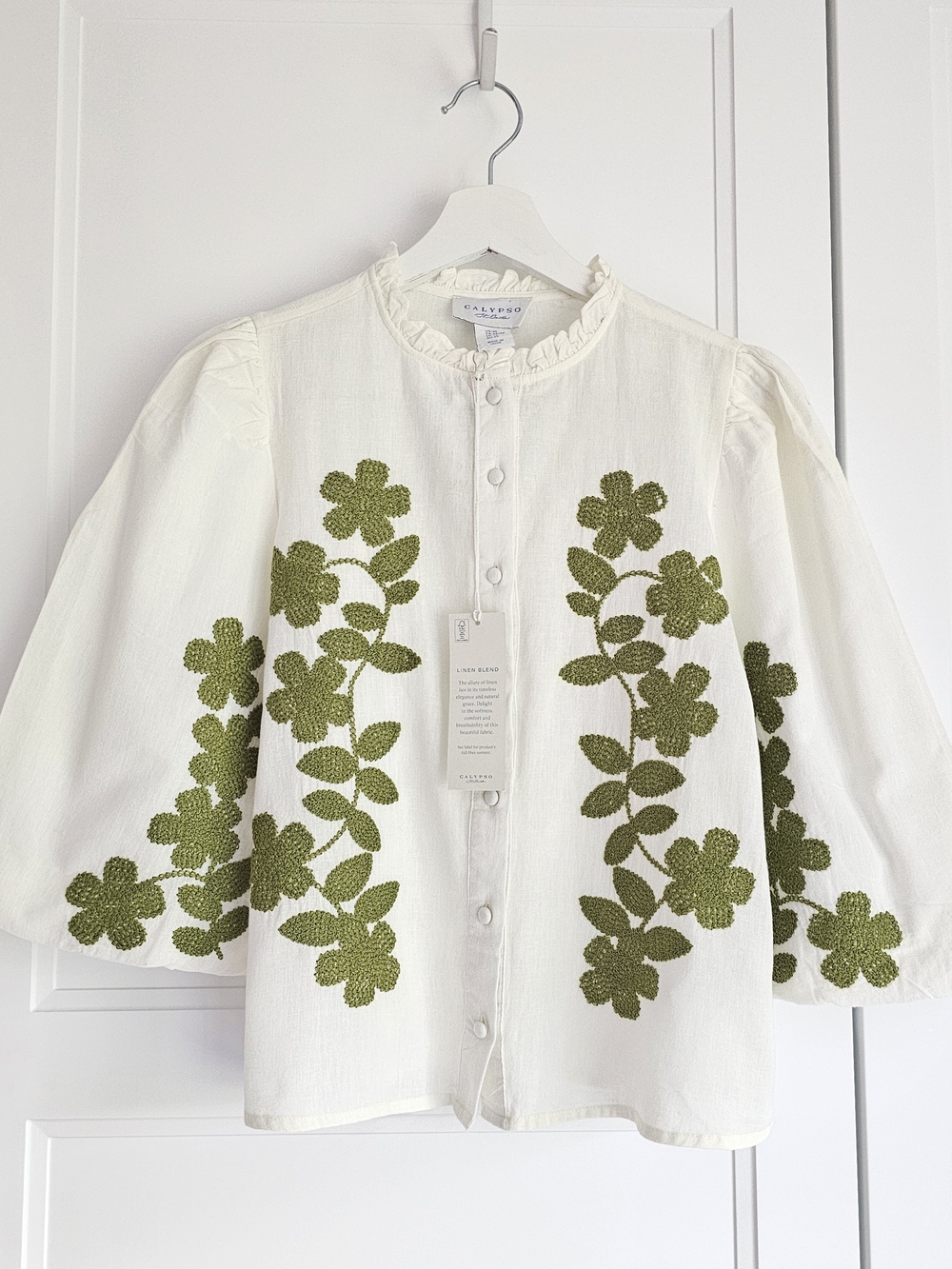 Calypso St. Barth White Linen Blouse Top Olive Green Floral Embroidery NWT $120